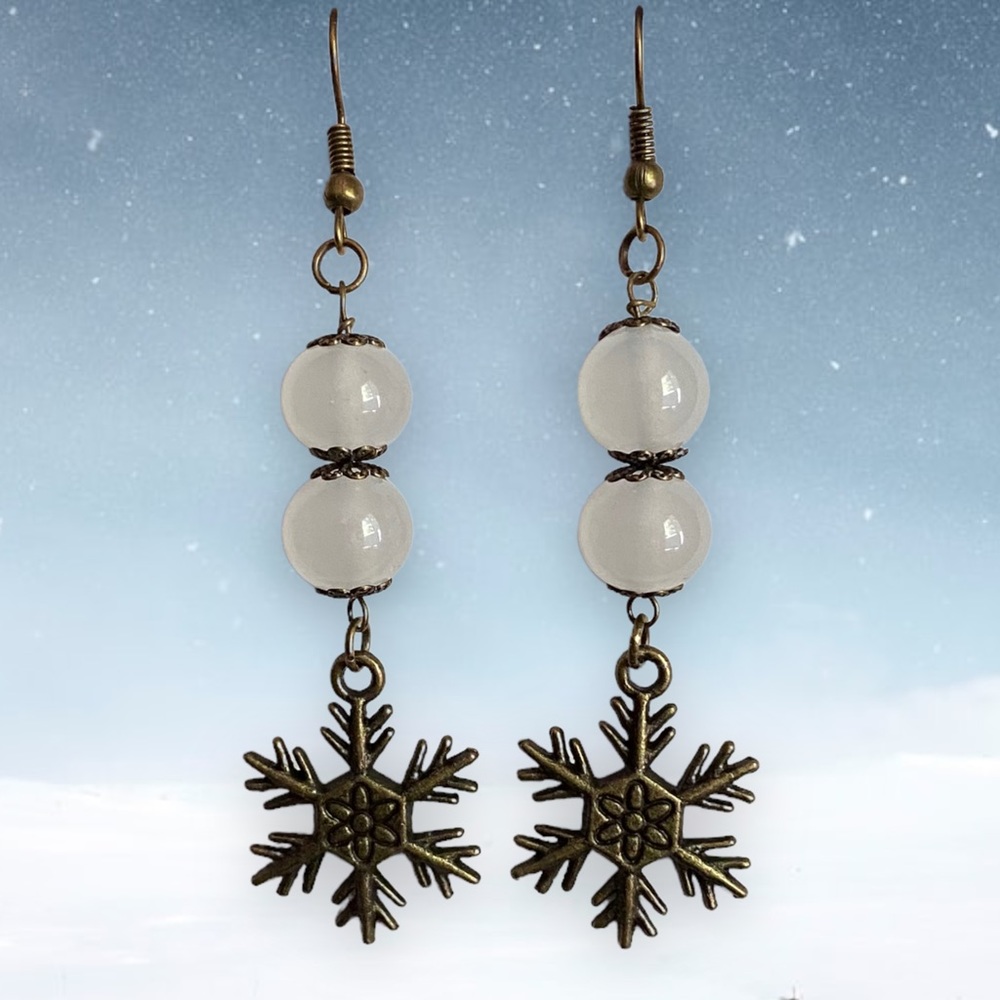 Handmade Snowflake & Snow Ball Earrings Dangle Brass Holidays Pierced